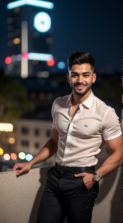 (((hyper realistic face)))(((extreme realistic skin detail))) (face with detailed shadows) (masterpiece, highest quality), (realistic, photo_realistic:1.9), ((Photoshoot))) A very muscular indian làtino young man with slightly tan skin, very short hair, and a charismatic smile, captured laughing and looking to the side in a relaxed pose with one hand in his pocket and the other holding a drink. He has a masculine face with distinct features. He wears a white short-sleeved linen unbuttoned shirt, black chino pants, and formal shoes, white socks, complemented with accessories like a stylish watch and some leather or metal bracelets. He has a broad and muscular neck, thick arms with tight-fitting shirt sleeves, a wide chest with the shirt full-open to reveal a muscular and lightly hairy chest, a slim waist, thick legs and thighs with tight-fitting pants on the buttocks and thighs. He is at a Christmas  on the rooftop terrace of a hotel in Miami at night, surrounded by 3 people enjoying the festive atmosphere, with festive lights, Christmas decorations, and a stunning view of the city. The photo, perfect for Instagram, is taken with a Canon EOS 5D Mark IV in RAW configuration and a wide-angle lens, using backlighting to highlight the festive atmosphere, the silhouette of the very muscular young man, and the people in the environment, with sharp focus and careful composition for maximum visual impact. sharp focus, 8k, UHD, high quality, frowning, intricate detailed, highly detailed, hyper-realistic, His perfect( big huge penis) is (coming out) of his pant,masterpieces 