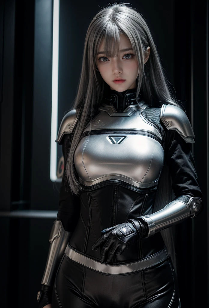 cyber angel,machine wing,{{Sci-Fi Armor}},cyber suit,cyberpunk,science fiction,cyber battle armor,Battledress,Military Uniforms,pants,black military uniform,whole body,Height: 168cm,almond shape eyes,{{{{{silver eyes}}}}},{{{{{dull bangs}}}}},(slanted eyes},{{whole body},{{{1 girl}}}, long hair, straight hair,{{{{silver hair}}}},{{{tsurime}}},30 years old,{Medium chest},{{bush}},silver eyes,{{{masterpiece}}}, {{{highest quality}}}, {{Super detailed}}, {shape}, {{very delicate and beautiful}},very detailed,detailed perfect,detailed hyper,Abundant thighs,big ass,black clothes