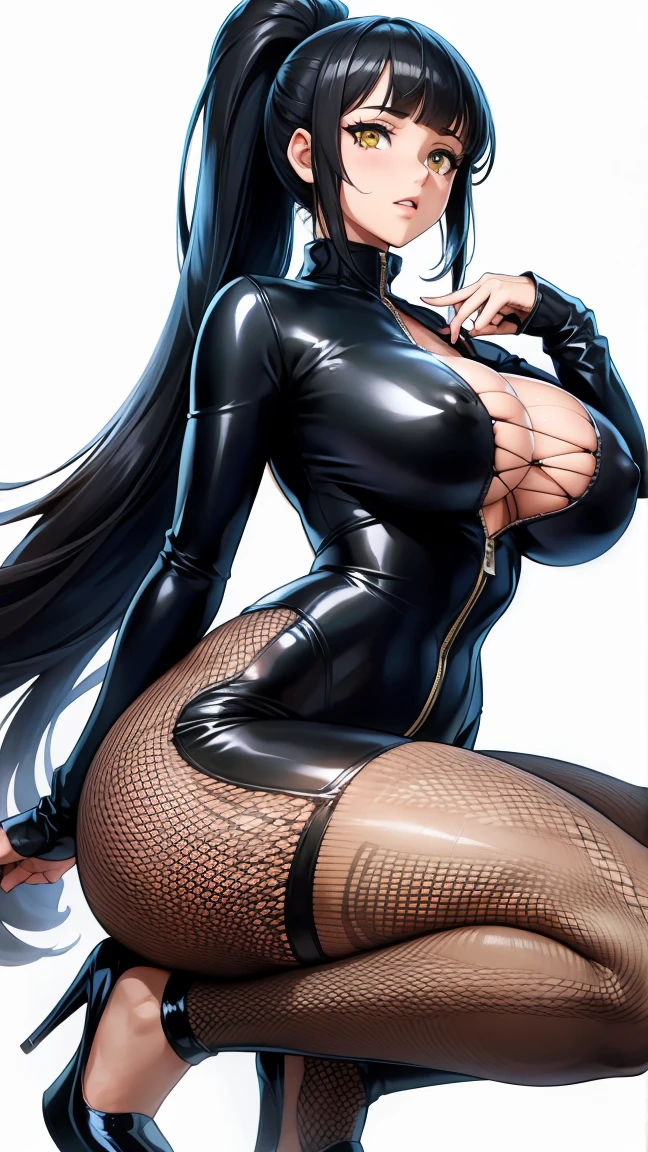 score_9, score_8_up, score_7_up, score_6_up, score_5_up, score_4_up, BREAK ,blunt bangs,Gray Hair,Yellow Eyes,ponytail,very big breasts,Sweaty,Overflowing breasts,empty eye,Erect nipples,sagging breasts,Jumpsuit,latex,High heels,Fishnet tights,White background