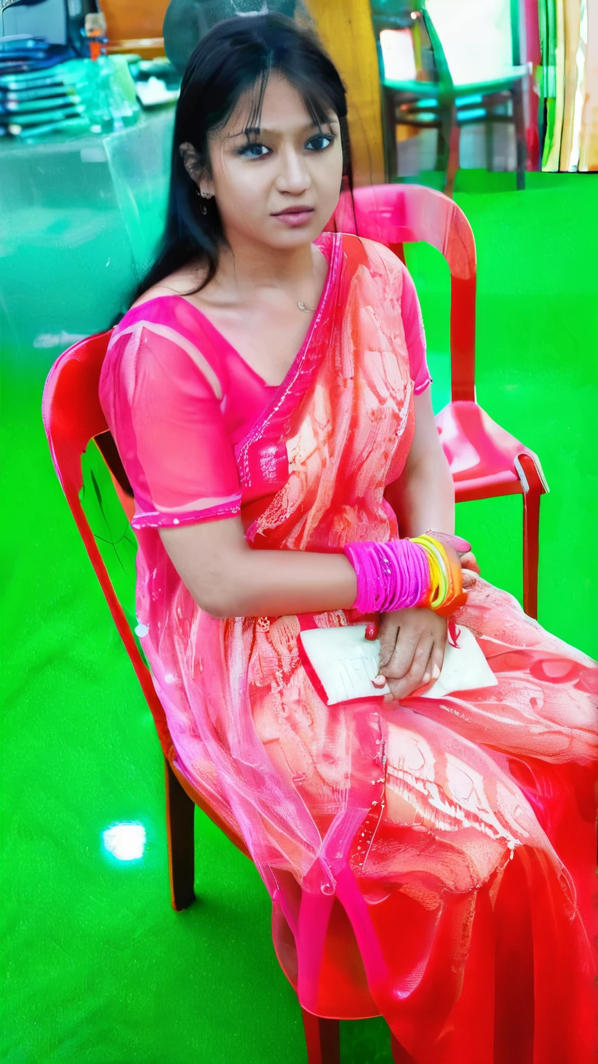 A woman with transparent clothes, show navel, expose, hard nipples