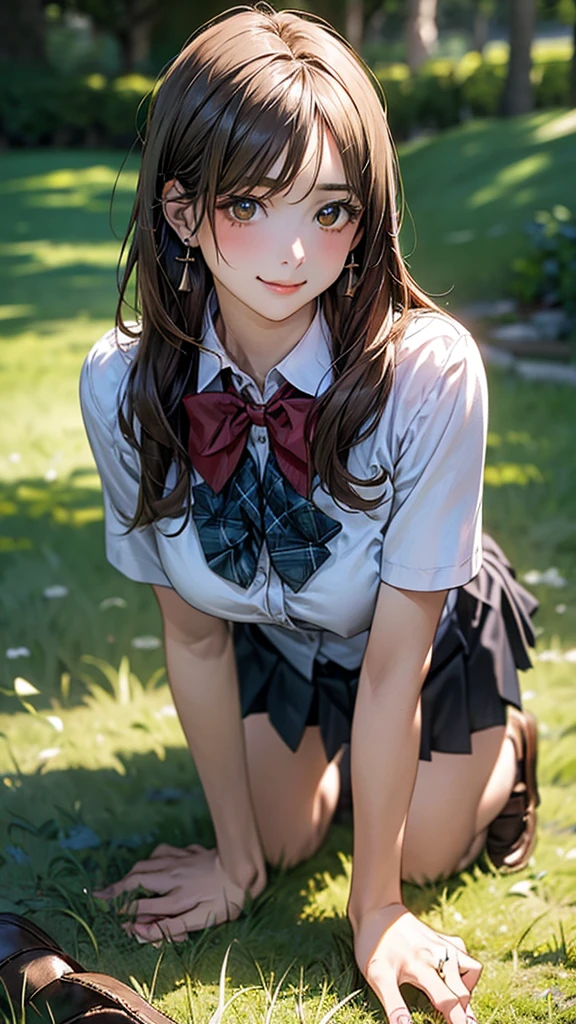 (masterpiece:1.2, top-quality), (realistic, photorealistic:1.4), beautiful illustration, (natural side lighting, movie lighting),
looking at viewer, cowboy shot, front view:0.6, 1 girl, japanese, high school girl, perfect face, cute and symmetrical face, shiny skin,
(long hair:1.8, straight hair:1.7, light brown hair), parted bangs, emerald green eyes, long eye lasher, (large breasts:0.9, thick thighs),
beautiful hair, beautiful face, beautiful detailed eyes, beautiful clavicle, beautiful body, beautiful chest, beautiful thigh, beautiful legs, beautiful fingers,
((, white collared shirts, black pleated mini skirt, black socks, brown loafers, red bow tie)), break, hoop ring earrings, pink panties, dark blue violet cardigan, break,
(beautiful scenery),
A girl is on all fours in a grassy field. She is carrying a large dog on her back and mating in the rear position.
Her face is bright red and flushed, her brow is furrowed, and she is smiling.
Her skirt is very short.