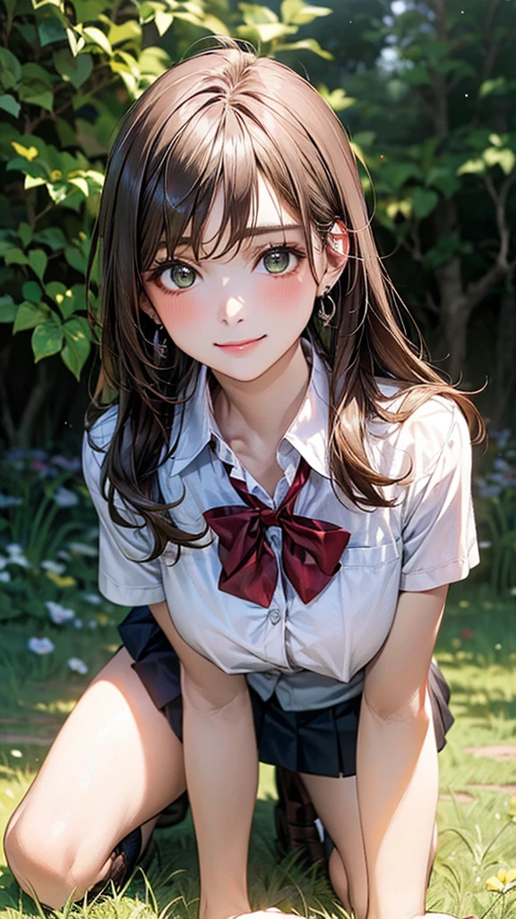 (masterpiece:1.2, top-quality), (realistic, photorealistic:1.4), beautiful illustration, (natural side lighting, movie lighting),
looking at viewer, cowboy shot, front view:0.6, 1 girl, japanese, high school girl, perfect face, cute and symmetrical face, shiny skin,
(long hair:1.8, straight hair:1.7, light brown hair), parted bangs, emerald green eyes, long eye lasher, (large breasts:0.9, thick thighs),
beautiful hair, beautiful face, beautiful detailed eyes, beautiful clavicle, beautiful body, beautiful chest, beautiful thigh, beautiful legs, beautiful fingers,
((, white collared shirts, black pleated mini skirt, black socks, brown loafers, red bow tie)), break, hoop ring earrings, pink panties, dark blue violet cardigan, break,
(beautiful scenery),
A girl is on all fours in a grassy field. She is carrying a large dog on her back and mating in the rear position.
Her face is bright red and flushed, her brow is furrowed, and she is smiling.
Her skirt is very short.