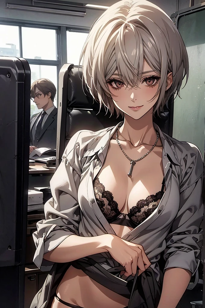(Highest quality, High resolution, Very detailed), Silver Hair, Short Hair, Reddish brown eyes, office staff suit skirt, lace thong bra, Large Breasts, necklace, secretary, 24th generation, Beautiful woman, mature, quiet, Calm, A small smile, office,