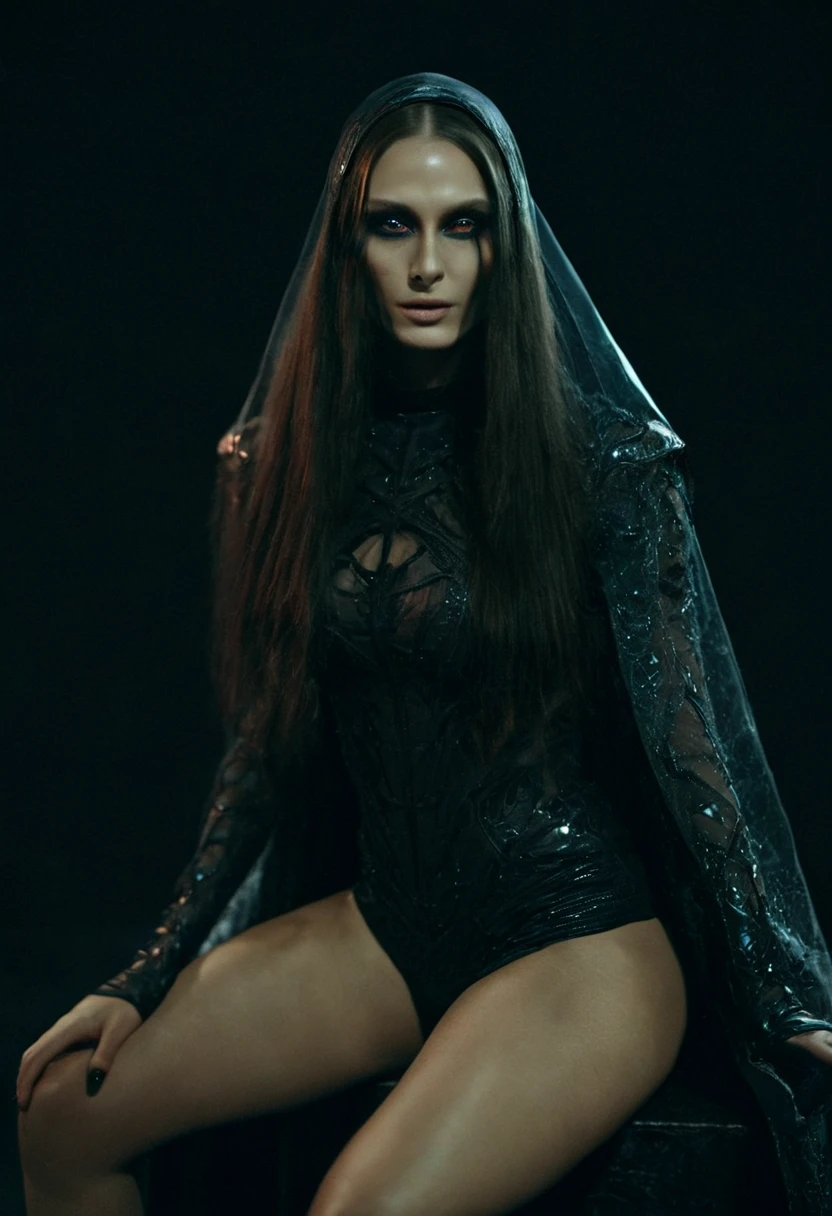 Fashionable of androgynous alien looking witch wearing veil, glowing eyes, beautiful evil slavic muscular woman, pale skin, long hair, futuristic design, minimal details, givenchy, photoreal, 200mm, hd, f/ 2.0, highly detailed, surreal, sitting, light smile, simple black stylish clothes, a slight smiledrop dead, in the style of red and blue, (intricate details, hyperdetailed:1.15) (skin texture:1.2), cinematic, professional, 4k, (((dynamic model pose))), sitting, full body, mesmerizing, dynamic, dramatic, sensual, dynamic pose, highly detailed skin with hair, subcutaneous veins, light and shadow play, highly detailed,24mm photograph, film, bokeh, professional, 4k,