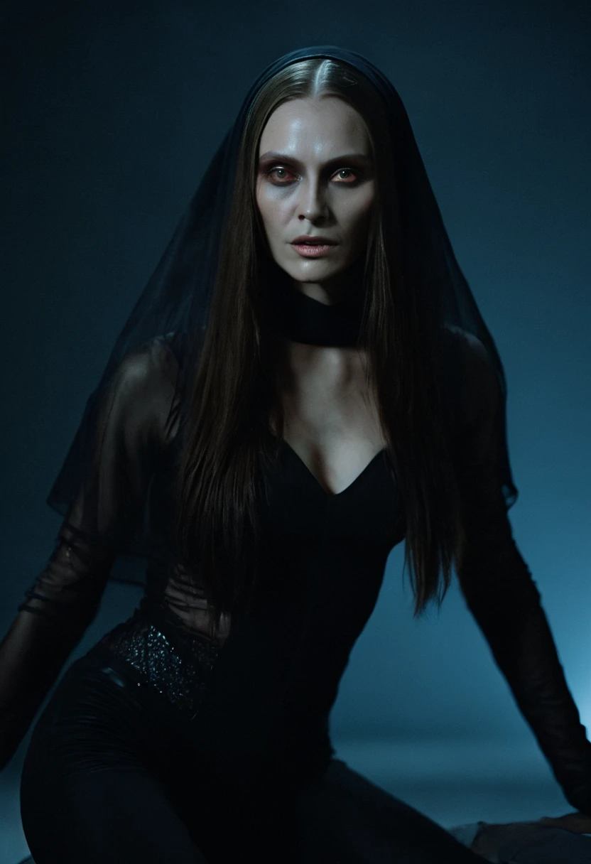 Fashionable of androgynous alien looking witch wearing veil, glowing eyes, beautiful evil slavic muscular woman, pale skin, long hair, futuristic design, minimal details, givenchy, photoreal, 200mm, hd, f/ 2.0, highly detailed, surreal, sitting, light smile, simple black stylish clothes, a slight smiledrop dead, in the style of red and blue, (intricate details, hyperdetailed:1.15) (skin texture:1.2), cinematic, professional, 4k, (((dynamic model pose))), sitting, full body, mesmerizing, dynamic, dramatic, sensual, dynamic pose, highly detailed skin with hair, subcutaneous veins, light and shadow play, highly detailed,24mm photograph, film, bokeh, professional, 4k,