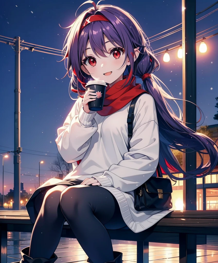 yuukikonno, Konno Yuuki, Long Hair, Pointed Ears, Purple Hair, (Red eyes:1.5), (Small breasts:1.2), Open your mouth,happy smile, smile, Open your mouth,hair band,low twin tail,Red Scarf,Oversized purple hoodie,Long skirt,Black pantyhose,short boots,Holding a paper cup of coffee in both hands,Sitting on a bench,snowが降っている,snowが降り積もっている,snow,snow,snow,snow,snowが積もった木,winter,Cold Sky,night,whole bodyがイラストに入るように,
break looking at viewer,  whole body,
break outdoors, garden,
break (masterpiece:1.2), Highest quality, High resolution, unity 8k wallpaper, (figure:0.8), (Beautiful attention to detail:1.6), Highly detailed face, Perfect lighting, Highly detailed CG, (Perfect hands, Perfect Anatomy),