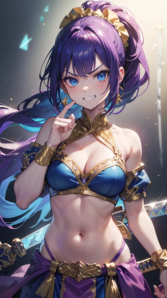 Best quality, Ultra detailed, best quality, insanely detailed, beautiful, masterpiece, 8k, 
break  
Colorful background, refraction Glowing white lines ,Crossing Light,light particles
break 
1lady, (gripping sword :1.5) , fire on sword,purple hair, long hair, high ponytail, (hair scrunchie :1.2) , green scrunchie,blue eyes, ultra detailed eyes,(bellydancer:1.3)purple clothes,abs, navel, Showcasing cleavage,
Break
upper body, (great joy;1.5), (evil grin:1.2), ,(scowl:1.1), (stare at viewer:1.5),(ecstasy:1.3) ,(vulgarity:1.3),(wet:0.8),(drooling:0.6),(sweat:0.8),