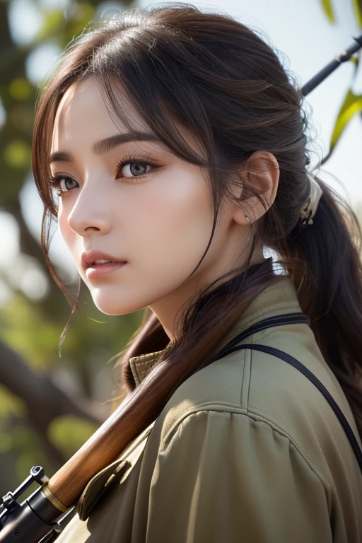 masterpiece、Highest quality、8k、ponytail、Attractive beautiful large almond-shaped eyes、Big black eyes、Long eyelashes、美しい桜colorの唇、A high, well-defined nose、color々Hairstyle、美しく輝くcolor々な髪color、((Realistic:1.3))、Cinematic lighting、Challenging eyes、Bold composition、Detailed face on the market、Detailed、Golden Ratio Face、Ultra-high resolution、Beautifully detailed and realistic white skin、((Sniper))、((rifleのスコープを覗く))、battlefield、rifle、((snipe))、soldier