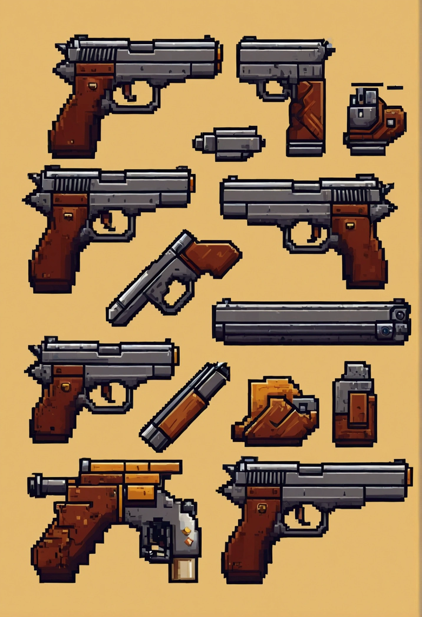 Draw a tileset of hand gun, from idle to firing animations in pixel art style. Resolution is 60x60 pixel jumping game