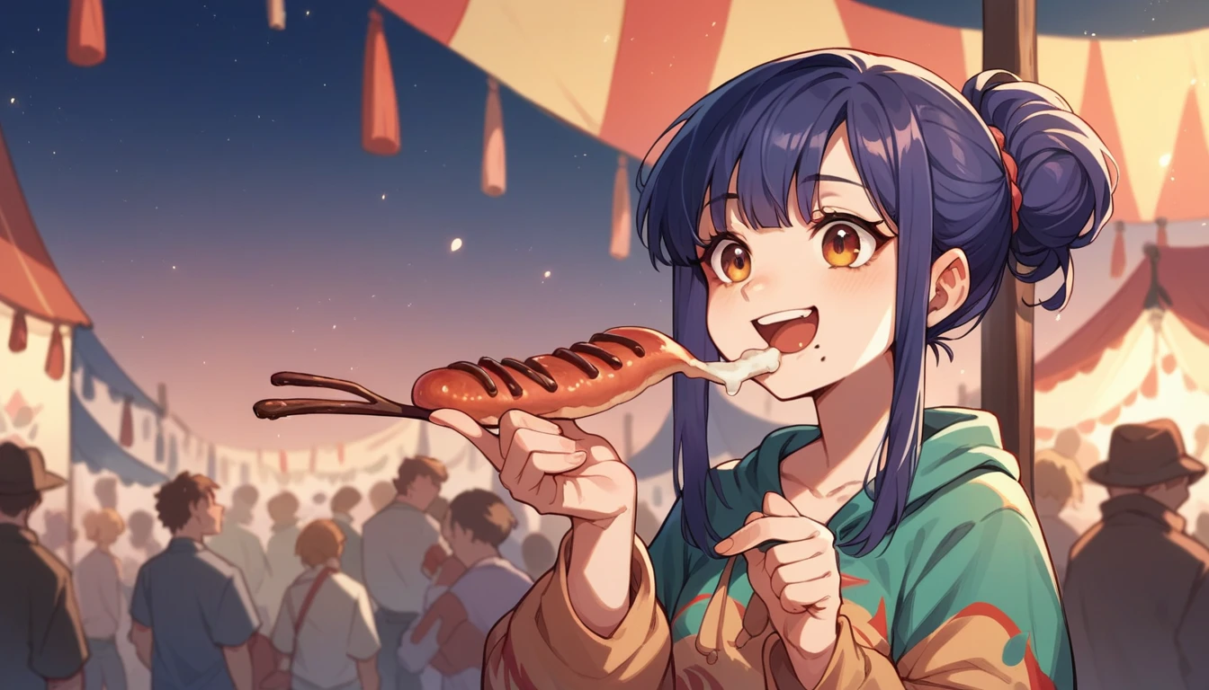 Night festival, girl eating sausage on the stick, smiling, cartoon style image