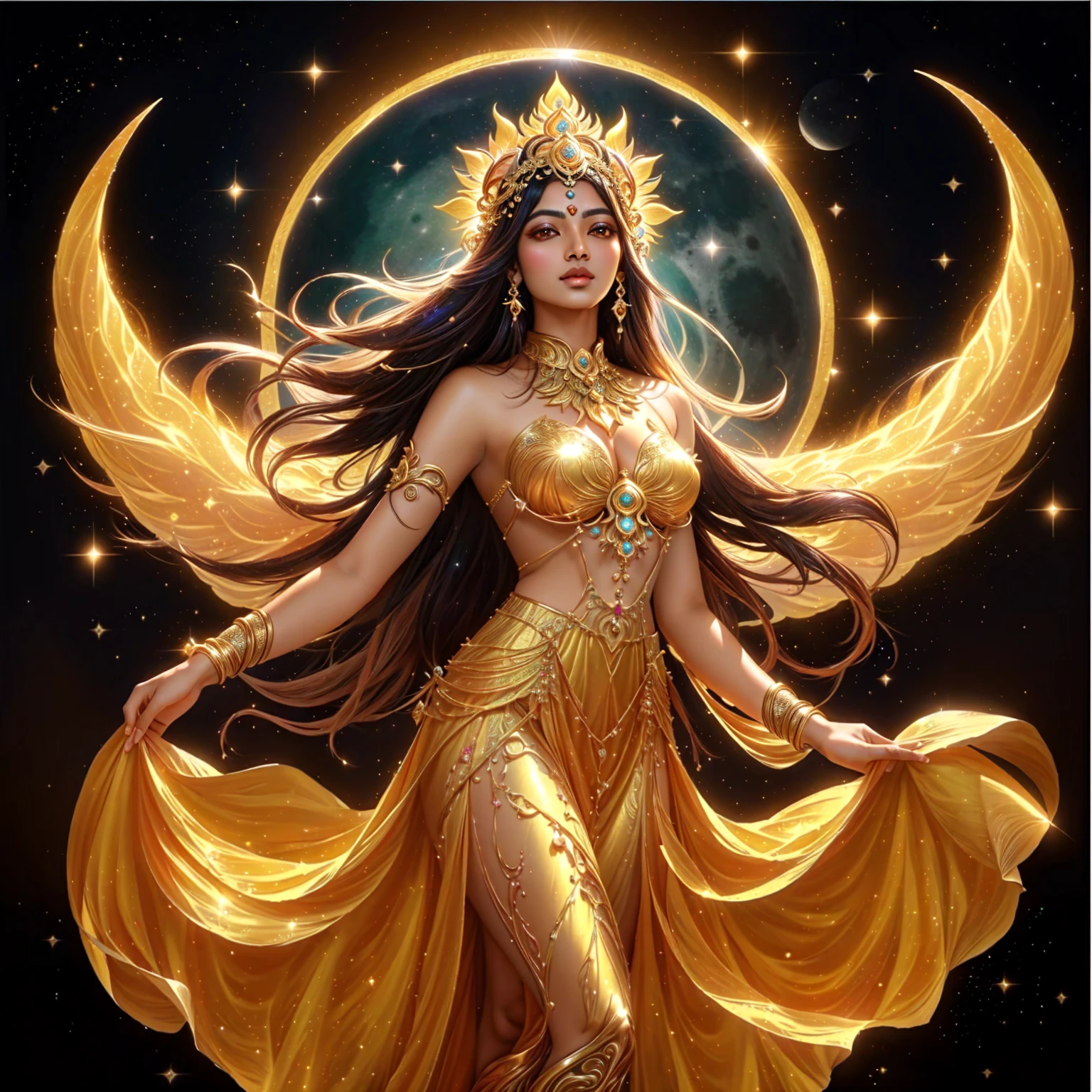 Supermodel Indian woman in golden dress standing in front of crescent moon, goddess of heaven, goddess of the moon, anime goddess, beautiful heavenly mage, lunar goddess, Moon Goddess, Golden Lotus Princess, Goddess of the Galaxy, Beautiful Fantasy Empress, ((Beautiful Fantasy Empress)), Goddess of Hunting and the Moon, As the sun goddess,, Goddess of space and time
