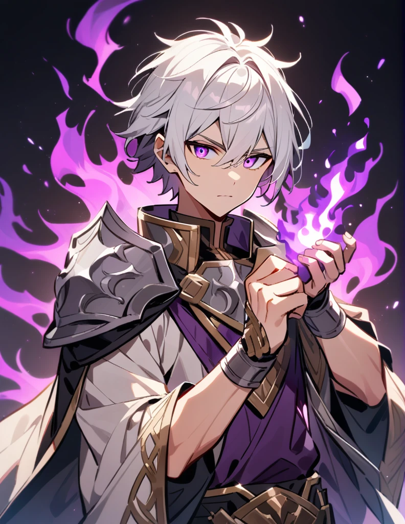Greek boy with shoulder-length long white hair, violet eyes, with silver shoulder pads, with bandaged wrists and one hand shooting out purple fire
