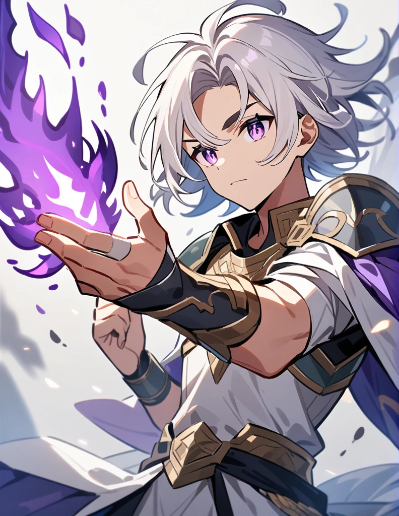 Greek boy with shoulder-length long white hair, violet eyes, with silver shoulder pads, with bandaged wrists and one hand shooting out purple fire