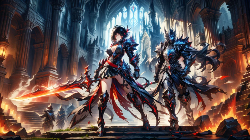 masterpiece, best quality, high quality, detailed, ultra detailed, hyper detailed, insanely detailed, exquisite, beautiful, FHD, Full-HD, 4K, 8K, 16K, highres, absurdres,Overall reddish black, ((One sexy lady)),mystic knight, serious look, sword fighting, covering one eye, black hair, red eyes, armor, long boots, with a sword, fantasy,hailoknight, holding sword, holding weapon,cowboy shot