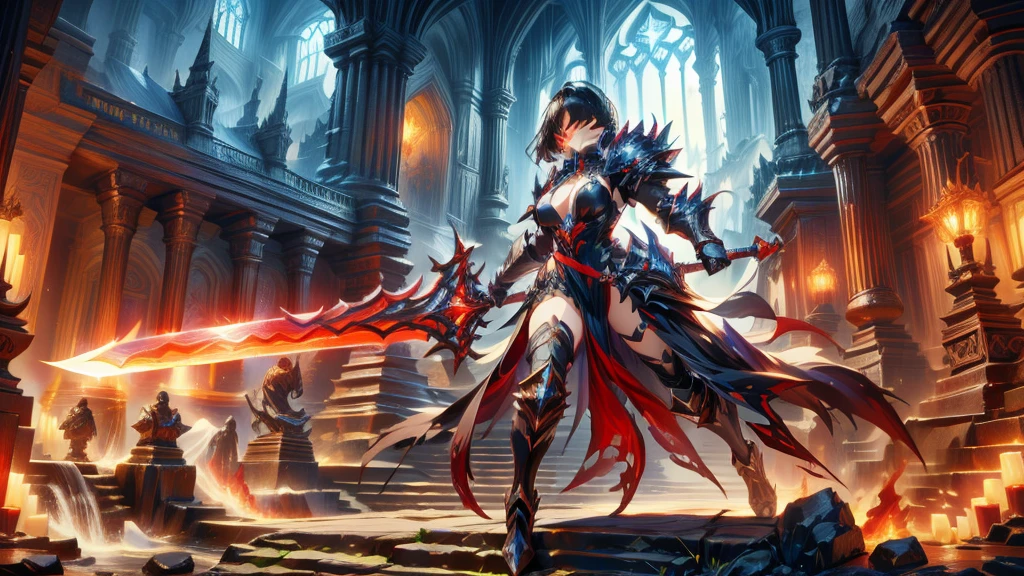 masterpiece, best quality, high quality, detailed, ultra detailed, hyper detailed, insanely detailed, exquisite, beautiful, FHD, Full-HD, 4K, 8K, 16K, highres, absurdres,Overall reddish black, ((One sexy lady)),mystic knight, serious look, sword fighting, covering one eye, black hair, red eyes, armor, long boots, with a sword, fantasy,hailoknight, holding sword, holding weapon,cowboy shot