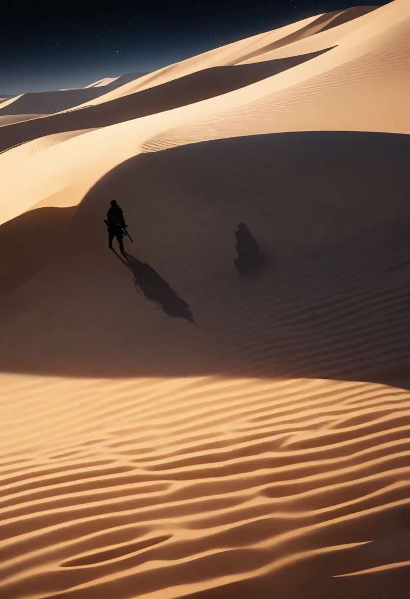 Desert, black male soldier shadow, night