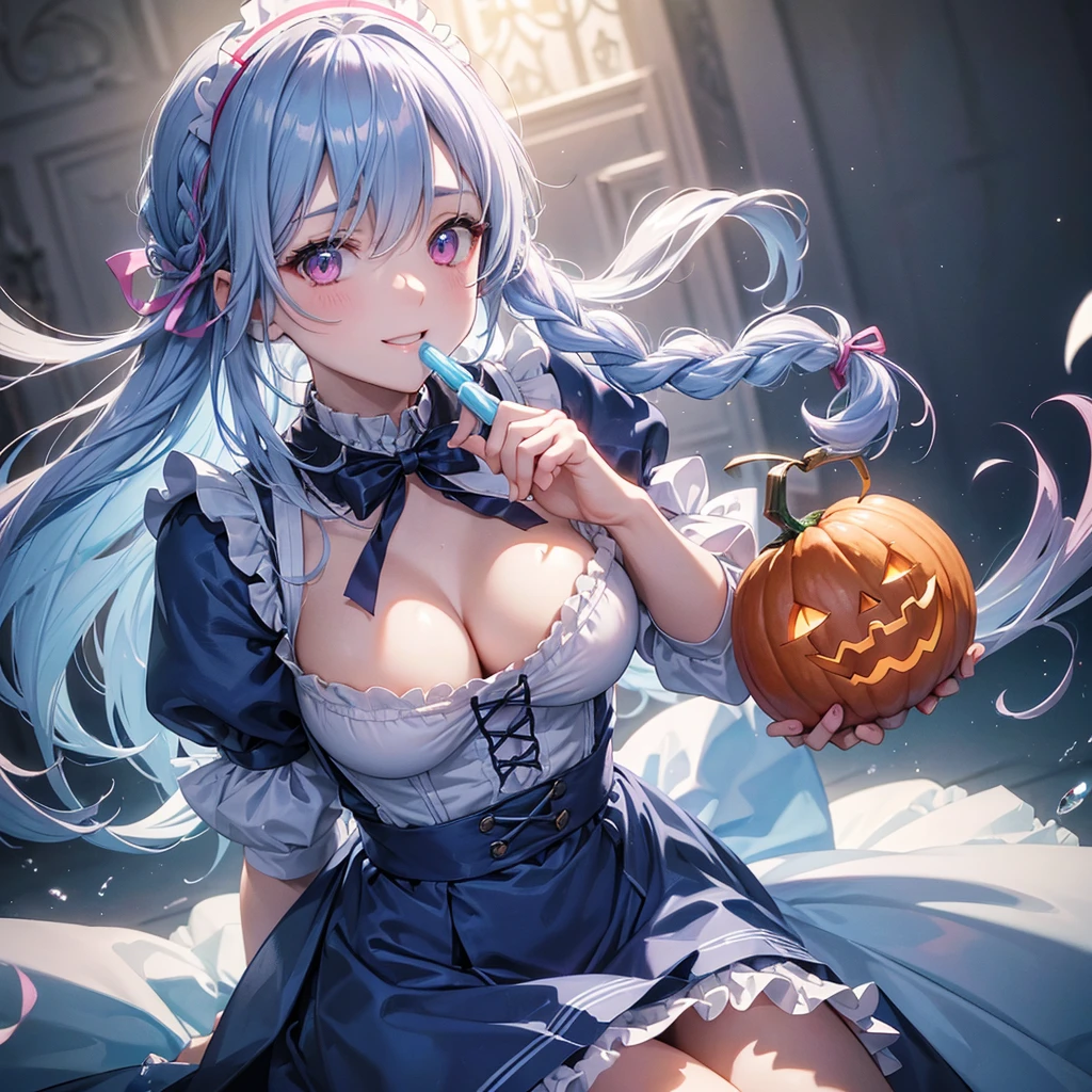 (Light blue medium hair),(Braided hair tied together)、Pink eyes、Fair skin、(whole body)、Halloween、Pumpkin ghost、Trick or Treat、Lollipop、Cosplay、nurse、A big smile、A dignified figure、solo、(masterpiece、Highest quality、Very detailed、Best Shadow)、(Detailed Background)、(Beautifully detailed face)、High contrast、(Best lighting、Very delicate and beautiful)、((Cinematic Light))、colorful、Hyper Detail、Dramatic Light、Exquisite detail、