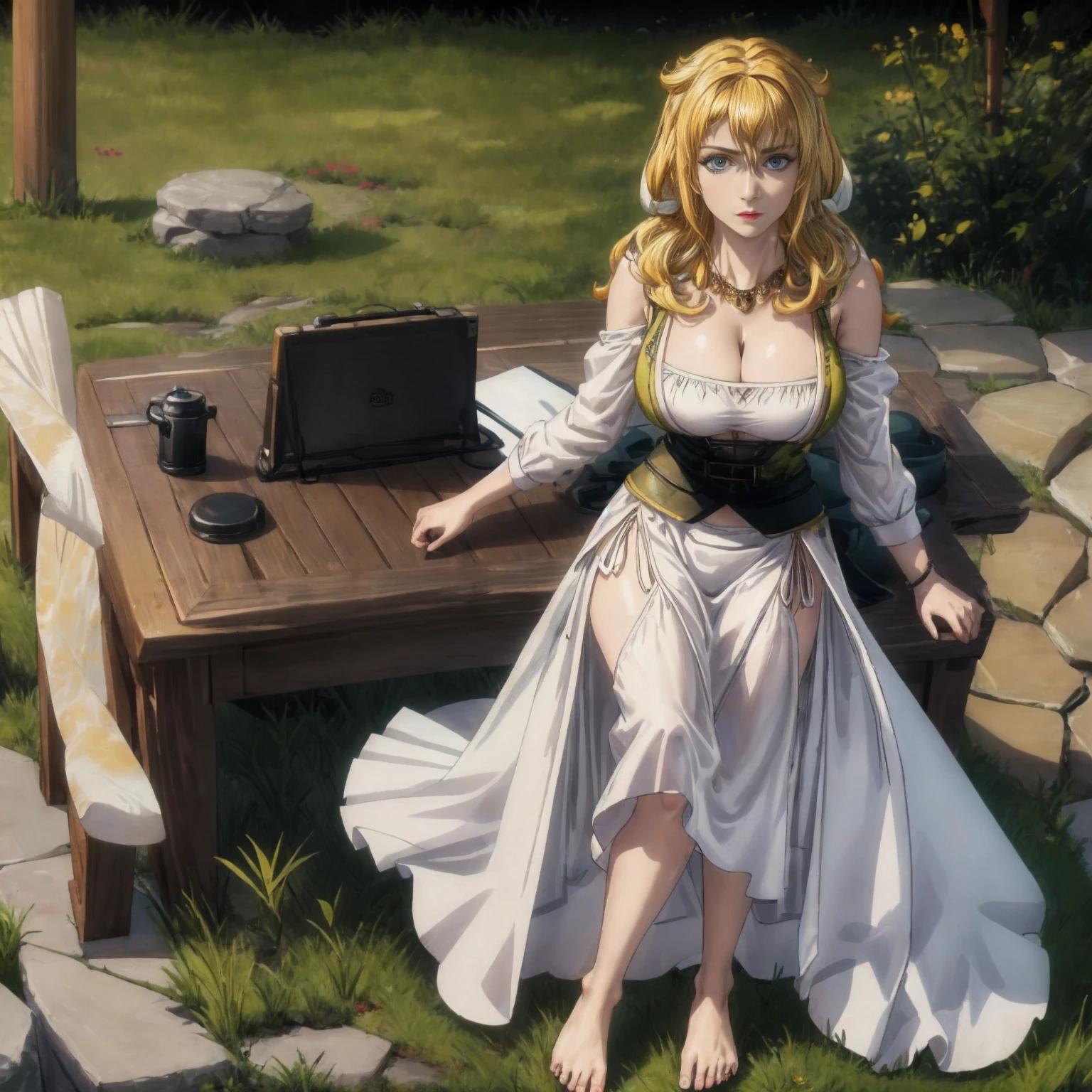 full body of blonde scandinavian goddess, face of elsa hosk, huge breasts, white silk dress with deep cleavage, bare feet, amber necklace, light blue eyes, golden blonde wavy hair, red lips, seductive gaze, volumetric lighting, realistic, meadow background, thick thighs, muscular body, jewelry, realistic, raw, analog, woman, photorealistic, analog, realism