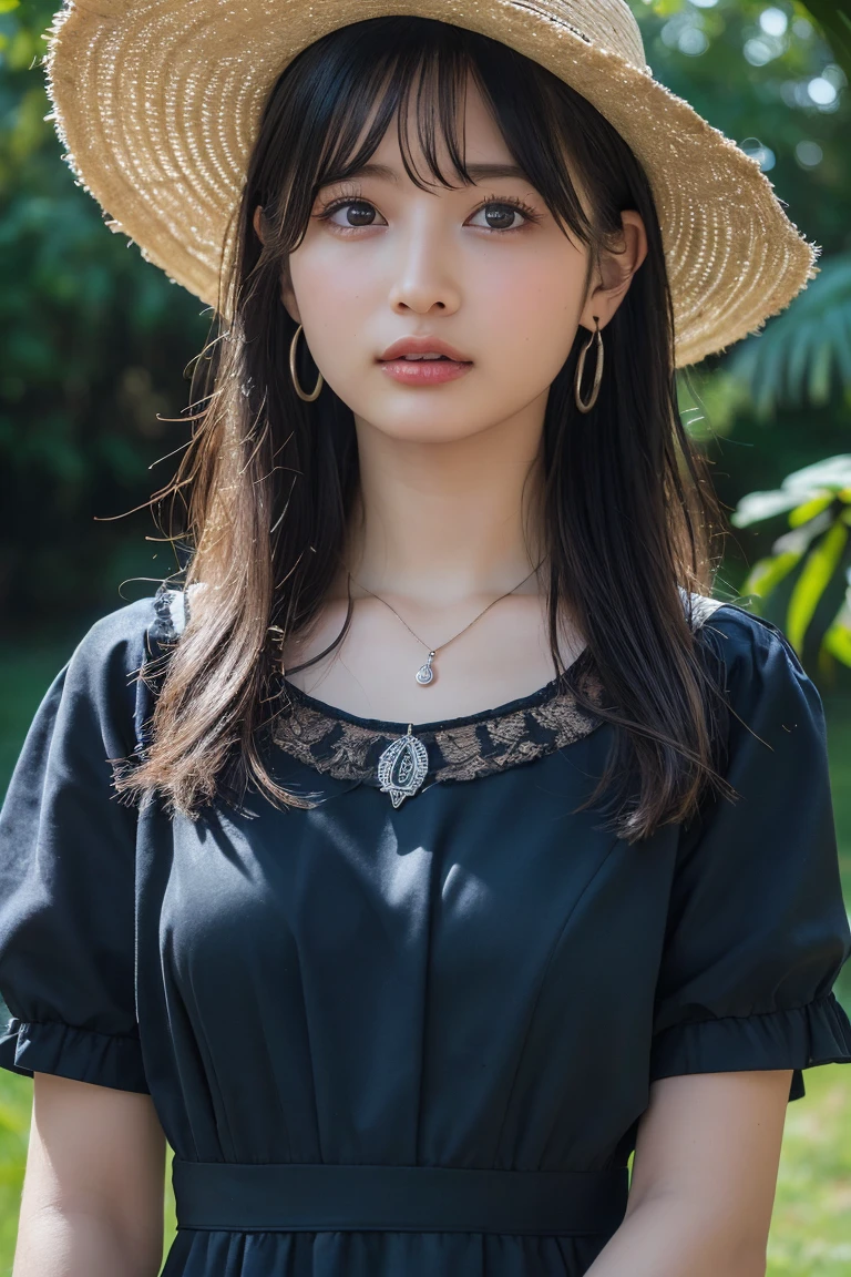 (Highest quality:1.4),(masterpiece:1.4),(Realistic:1.4),(Realistic:1.2),(超High resolution, RAW Photos:1.4),(High resolution, Very detailed:1.2),(8k:1.2),View your audience,Cinematography,(One Girl:1.2),skeletally correct,Black-haired woman,(Small earrings,necklace,neat dress,Straw hat),garden