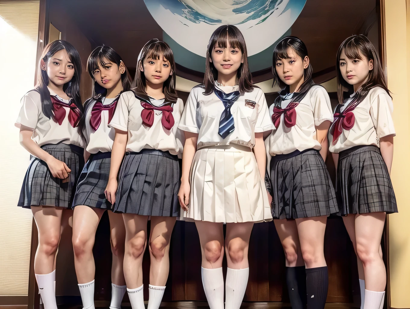 ((Multiple Girls:1.5、Five girls standing close together:1.5、high school girl:1.3、5 cute Japanese girls)、Girls posing、Commemorative photo in front of the school)、(Realistic、Like a photograph、Live Action、(Realistic, RAW Photos, Best image quality: 1.4), Single-lens reflex camera、RAW Photos, Highest quality, Realistic, Very detailed CG Unity 8k wallpaper, Written boundary depth, Cinematic Light, Lens flare, Ray Tracing, Realistic background、(School Uniform:1.37、Pleated skirt:1.4、mini skirt:1.3、Knee-high socks、Toned body)、((Ultra-dense skin))、 5 cute japanese students、((((whole body:1.5))、Filming in progress:1.1、Serious expression))、Very detailed、Pay attention to the details、Perfect outfit、(White skin)、Beautiful legs:1.1、Thin thighs、View from below、Anatomically correct body、Accurate ?????????