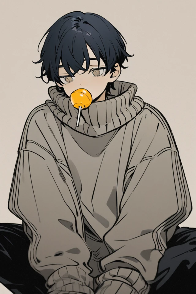 A digital illustration of a young boy with short, wavy, dark blue hair wearing large, yellow headphones. He is sitting in a crouched position, dressed in an oversized gray sweater, black pants, and chunky sneakers. He has a thoughtful expression and is holding a lollipop in his mouth. The background is a solid, muted beige color.