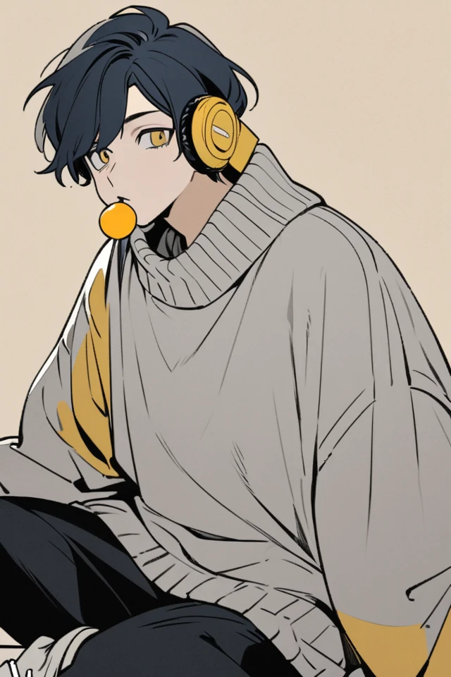 A digital illustration of a young boy with short, wavy, dark blue hair wearing large, yellow headphones. He is sitting in a crouched position, dressed in an oversized gray sweater, black pants, and chunky sneakers. He has a thoughtful expression and is holding a lollipop in his mouth. The background is a solid, muted beige color.