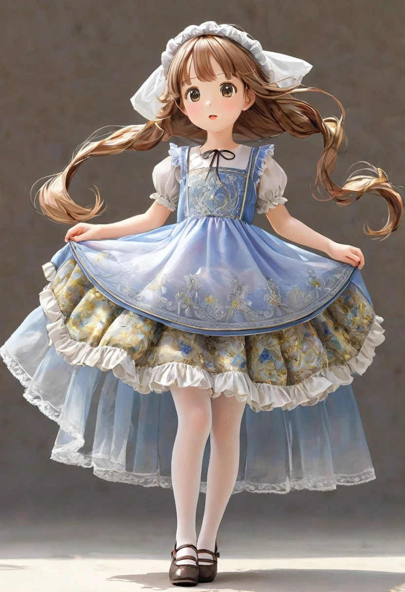 10 year old girl underwear, Realistic bloomers made from patterned cotton fabric, Medieval one-piece dress with panniers, Fabric Realism, Low - Angle, I see bloomers, Pull up the dress by hand, Strong winds, Translucent slip, Translucent slip, tights, Highest quality, Crotch close-up, whole body