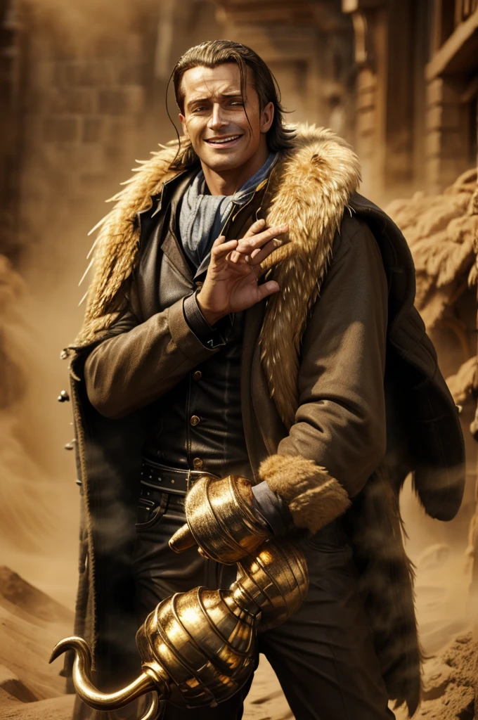 masterpiece, best quality, extremely detailed, hyperrealistic, photorealistic, a cool 40s man, ultra detailed face:1.2, fur-trimmed coat, scarf around the neck, his left hand is a golden pirate hook:1.1, sly smile, in sandstorm
