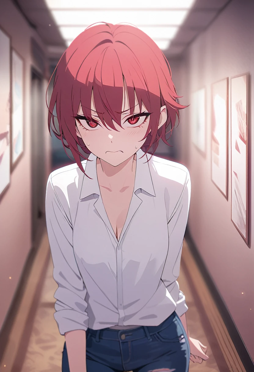 masterpiece,best quality,depth of field,8k,red hair,Red eyes,wseifuku,white shirt with nothing on,chic,(charismatic eyes 1:1),jeans,female,Looks angry,alone,corridor,