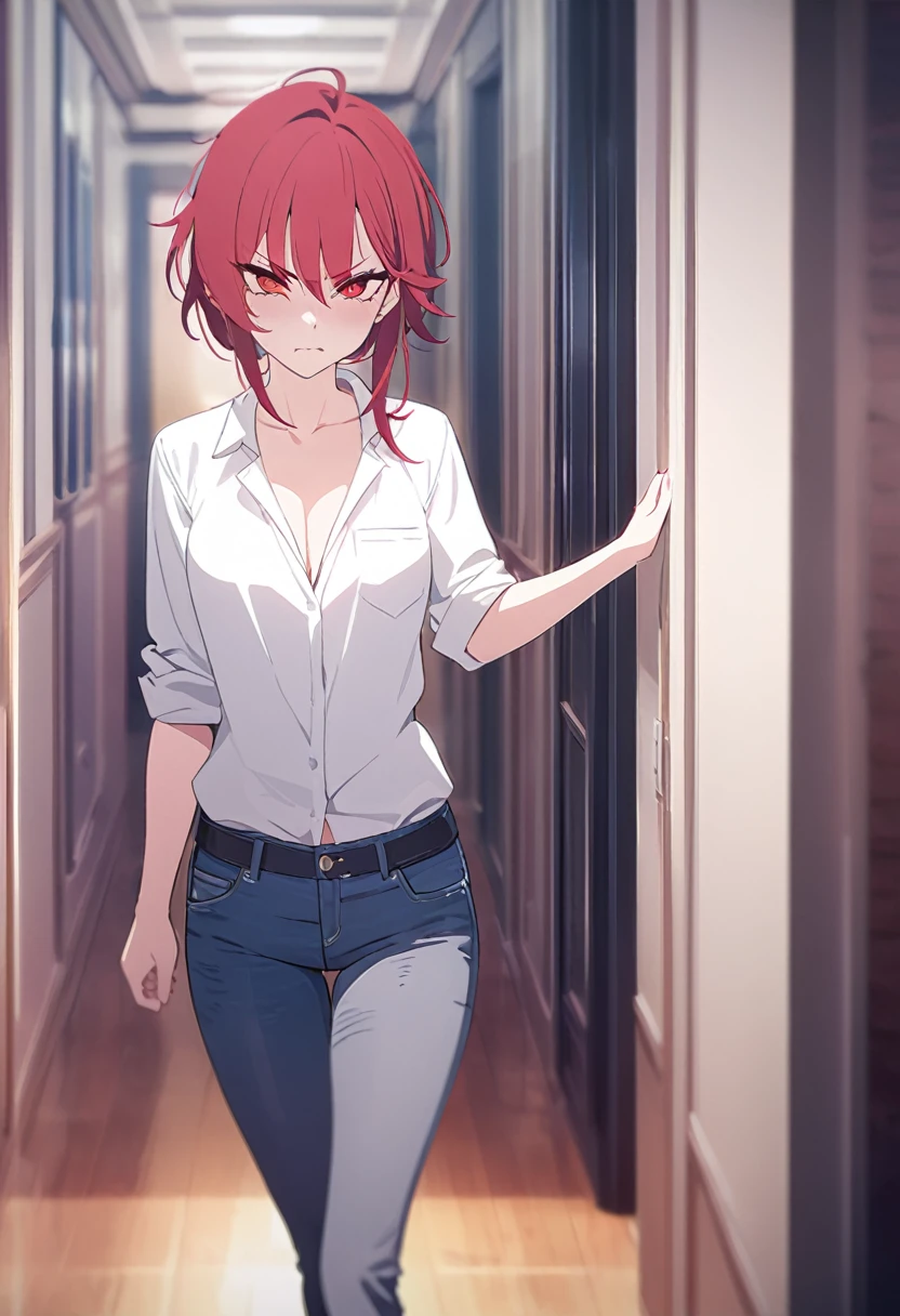 masterpiece,best quality,depth of field,8k,red hair,Red eyes,wseifuku,white shirt with nothing on,chic,(charismatic eyes 1:1),jeans,female,Looks angry,alone,corridor,
