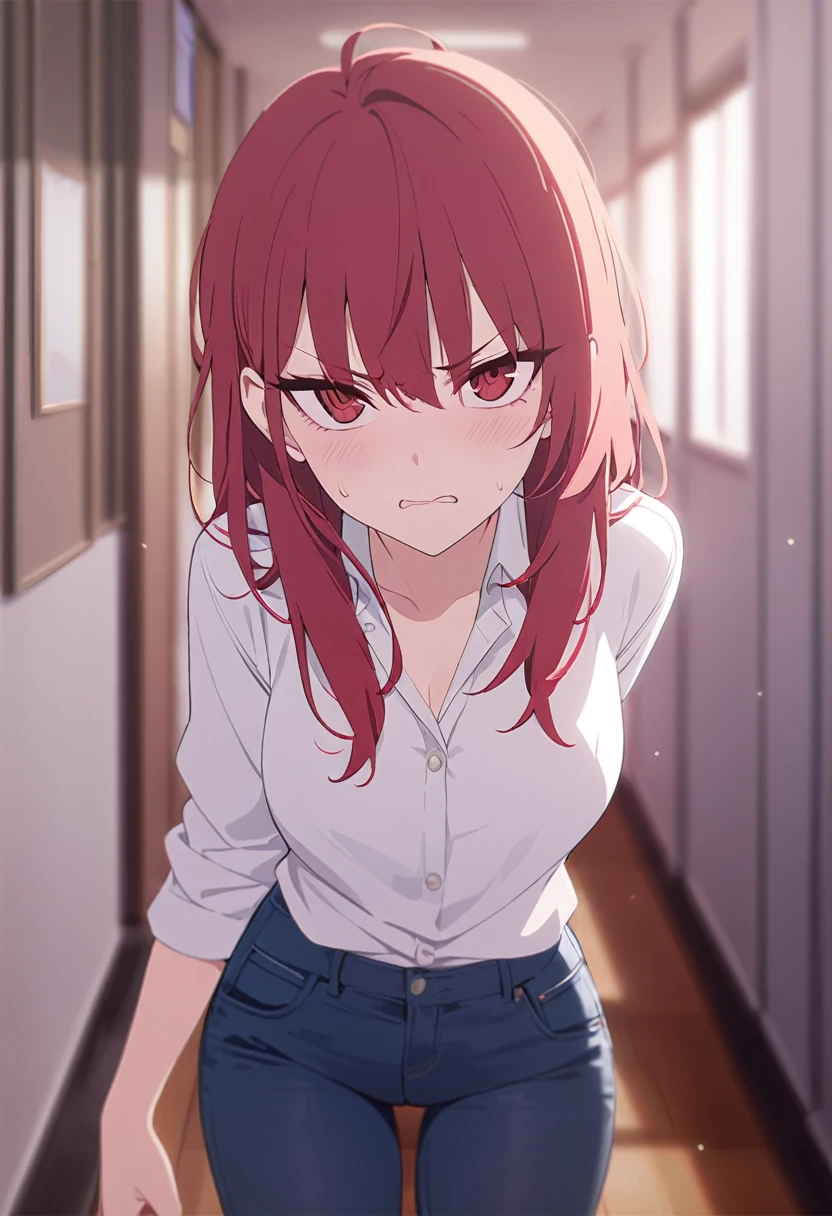 masterpiece,best quality,depth of field,8k,red hair,Red eyes,wseifuku,white shirt with nothing on,chic,(charismatic eyes 1:1),jeans,female,Looks angry,alone,corridor,