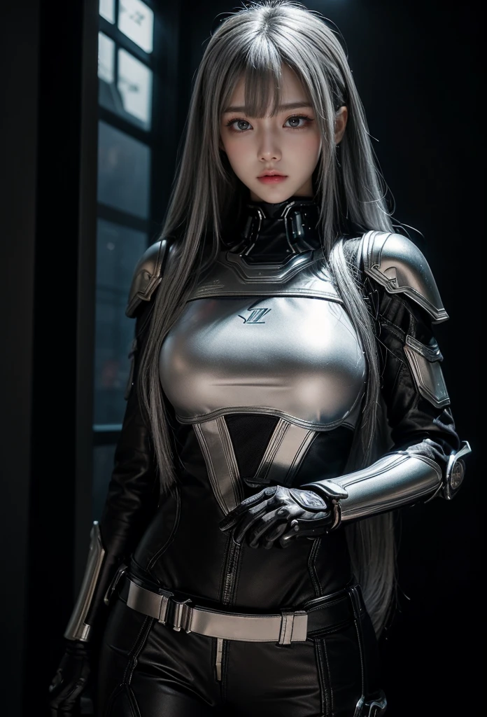 cyber angel,machine wing,{{Sci-Fi Armor}},cyber suit,cyberpunk,science fiction,cyber battle armor,Battledress,Military Uniforms,pants,black military uniform,whole body,Height: 168cm,almond shape eyes,{{{{{silver eyes}}}}},{{{{{dull bangs}}}}},(slanted eyes},{{whole body},{{{1 girl}}}, long hair, straight hair,{{{{silver hair}}}},{{{tsurime}}},30 years old,{Medium chest},{{bush}},silver eyes,{{{masterpiece}}}, {{{highest quality}}}, {{Super detailed}}, {shape}, {{very delicate and beautiful}},very detailed,detailed perfect,detailed hyper,Abundant thighs,big ass,black clothes