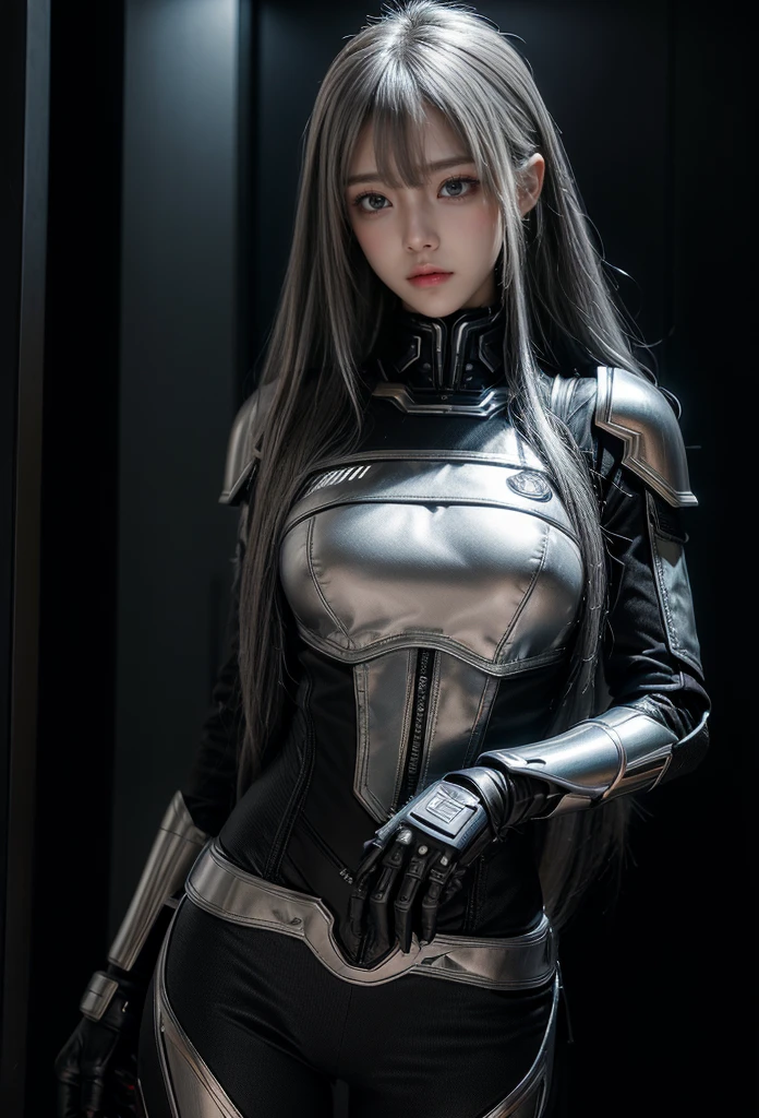 cyber angel,machine wing,{{Sci-Fi Armor}},cyber suit,cyberpunk,science fiction,cyber battle armor,Battledress,Military Uniforms,pants,black military uniform,whole body,Height: 168cm,almond shape eyes,{{{{{silver eyes}}}}},{{{{{dull bangs}}}}},(slanted eyes},{{whole body},{{{1 girl}}}, long hair, straight hair,{{{{silver hair}}}},{{{tsurime}}},30 years old,{Medium chest},{{bush}},silver eyes,{{{masterpiece}}}, {{{highest quality}}}, {{Super detailed}}, {shape}, {{very delicate and beautiful}},very detailed,detailed perfect,detailed hyper,Abundant thighs,big ass,black clothes