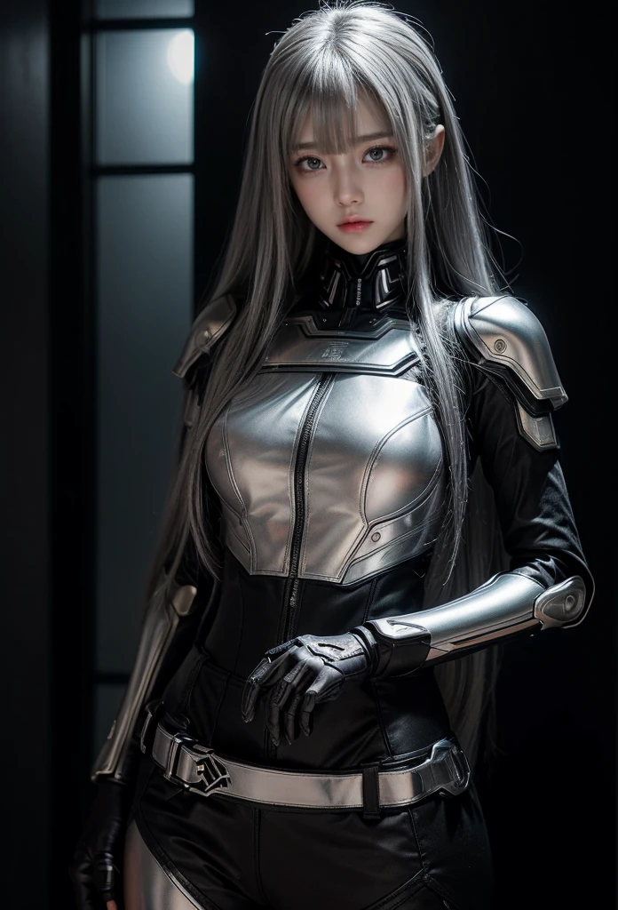 cyber angel,machine wing,{{Sci-Fi Armor}},cyber suit,cyberpunk,science fiction,cyber battle armor,Battledress,Military Uniforms,pants,black military uniform,whole body,Height: 168cm,almond shape eyes,{{{{{silver eyes}}}}},{{{{{dull bangs}}}}},(slanted eyes},{{whole body},{{{1 girl}}}, long hair, straight hair,{{{{silver hair}}}},{{{tsurime}}},30 years old,{Medium chest},{{bush}},silver eyes,{{{masterpiece}}}, {{{highest quality}}}, {{Super detailed}}, {shape}, {{very delicate and beautiful}},very detailed,detailed perfect,detailed hyper,Abundant thighs,big ass,black clothes