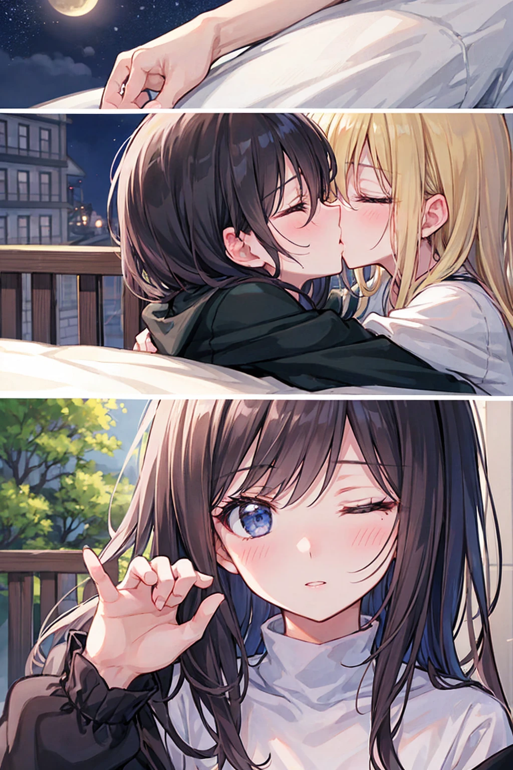 （masterpiece) Attention to detail, maleとwomanが着ている ,masterpiece）（High definition）Couple in their 20ale1名, woman1名、Light 、Kissing、womanのためのロマンス、Shiny atmosphere、Glossy appearance、ks、Embrace each other、woman（Brown medium-long hair ）Close ~ eyes、Sweet Sigh、male（Black and unkempt hair、Y shirt, shirt）tightly close your eyes、background、The night deepens、dark, womanはショックを受けた, maleが壁に向かって彼女にキスをする, maleが腰を抱く, And his eyes were tightly closed, Kiss on the lips, Romantic environment, 唇とKiss on the lips, Kiss on the lips