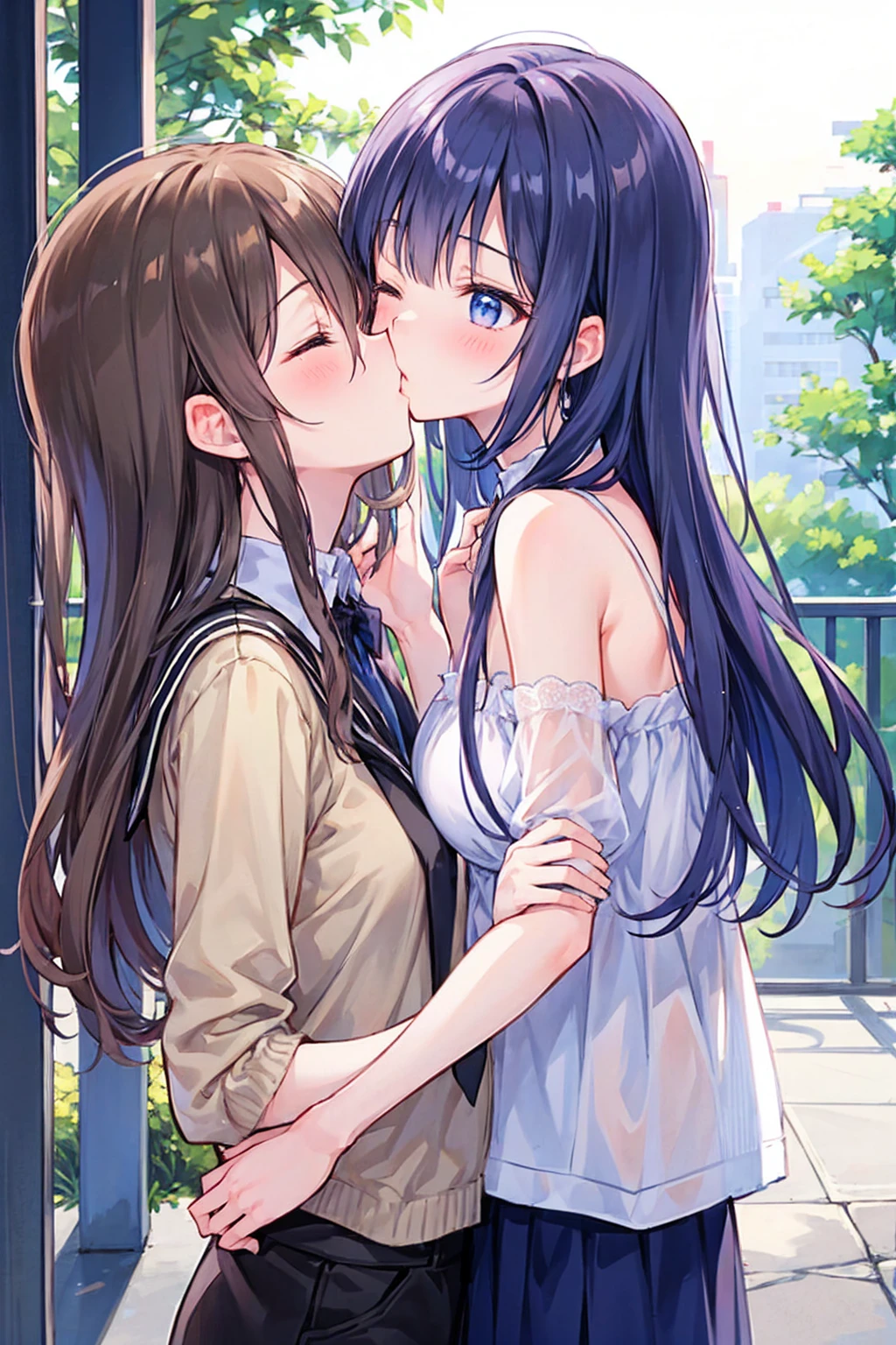 (masterpiece) Attention to detail, maleとwomanが着ている ,masterpiece)(High definition)Couple in their 20ale1名, woman1名、Light 、Kissing、womanのためのロマンス、Shiny atmosphere、Glossy appearance、ks、Embrace each other、woman(Brown medium-long hair )Close ~ eyes、Sweet Sigh、male(Black and unkempt hair、Y shirt, shirt)tightly close your eyes、background、The night deepens、dark, womanはショックを受けた, maleが壁に向かって彼女にキスをする, maleが腰を抱く, And his eyes were tightly closed, Kiss on the lips, Romantic environment, 唇とKiss on the lips, Kiss on the lips