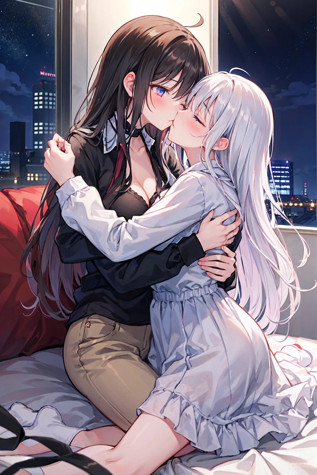 （masterpiece) Attention to detail, maleとwomanが着ている ,masterpiece）（High definition）Couple in their 20ale1名, woman1名、Light 、Kissing、womanのためのロマンス、Shiny atmosphere、Glossy appearance、ks、Embrace each other、woman（Brown medium-long hair ）Close ~ eyes、Sweet Sigh、male（Black and unkempt hair、Y shirt, shirt）tightly close your eyes、background、The night deepens、dark, womanはショックを受けた, maleが壁に向かって彼女にキスをする, maleが腰を抱く, And his eyes were tightly closed, Kiss on the lips, Romantic environment, 唇とKiss on the lips, Kiss on the lips