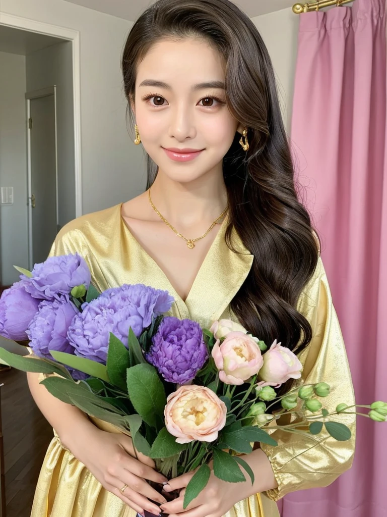 Korean girl with average chest, long black hair, and brown eyes. She is standing with a large bouquet of purple peonies and lavender in her hands. She is wearing a beautiful turquoise and gold shiny dress. Her hair is slightly curly and pulled back into a high ponytail. She is standing in an apartment with red curtains. She's soft smiling