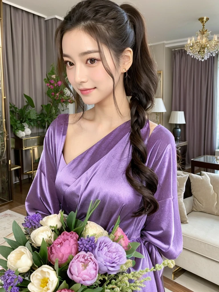 Korean girl with average chest, long black hair, and brown eyes. She is standing with a large bouquet of purple peonies and lavender in her hands. She is wearing a beautiful turquoise and gold shiny dress. Her hair is slightly curly and pulled back into a high ponytail. She is standing in an apartment with red curtains. She's soft smiling