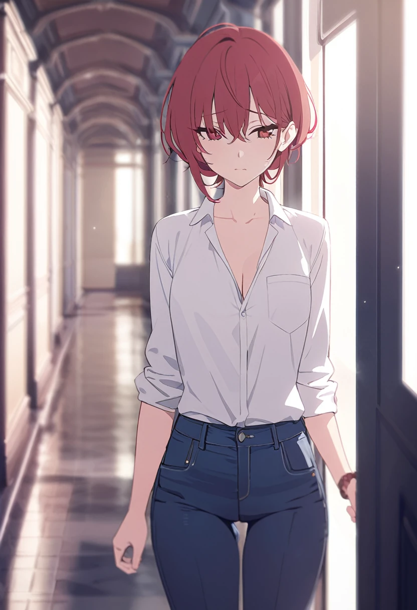 masterpiece,best quality,depth of field,8k,red hair,Red eyes,wseifuku,white shirt with nothing on,chic,(charismatic eyes 1:1),jeans,female,irritable,alone,corridor,