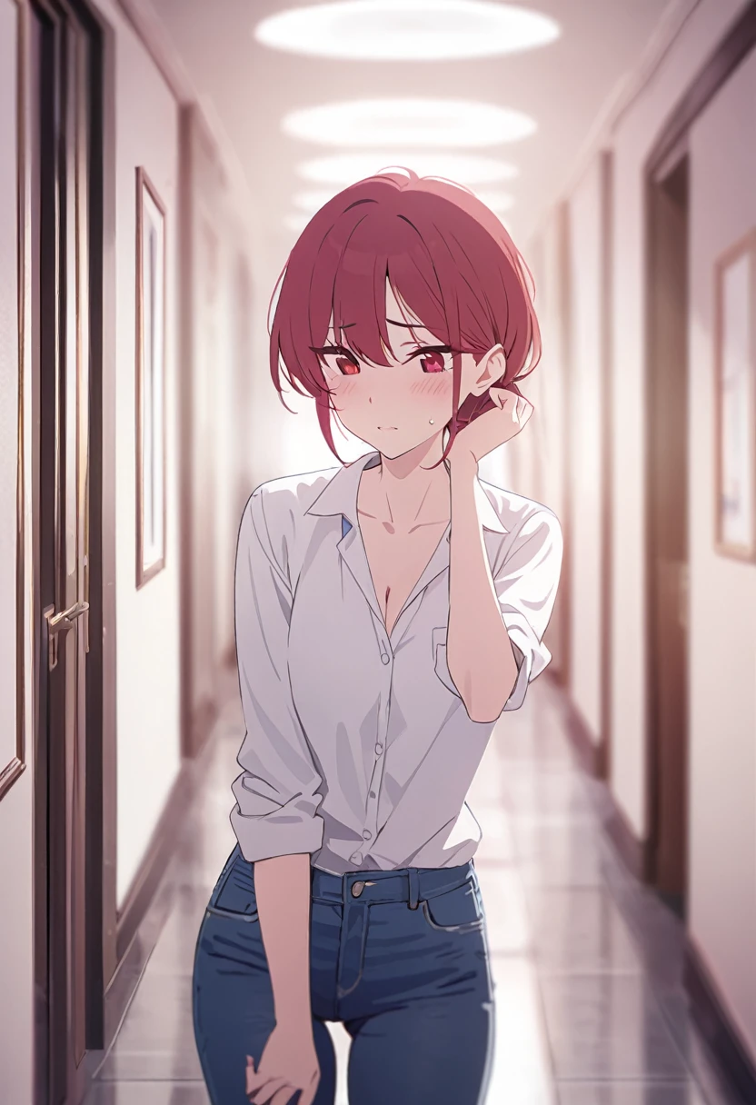 masterpiece,best quality,depth of field,8k,red hair,Red eyes,wseifuku,white shirt with nothing on,chic,(charismatic eyes 1:1),jeans,female,irritable,alone,corridor,