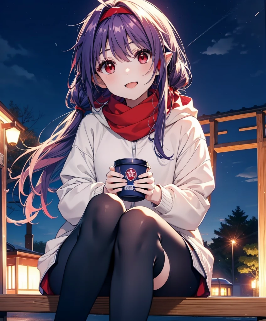 yuukikonno, Konno Yuuki, Long Hair, Pointed Ears, Purple Hair, (Red eyes:1.5), (Small breasts:1.2), Open your mouth,happy smile, smile, Open your mouth,hair band,low twin tail,Red Scarf,Oversized purple hoodie,Long skirt,Black pantyhose,short boots,Holding a paper cup of coffee in both hands,Sitting on a bench,snowが降っている,snowが降り積もっている,snow,snow,snow,snow,snowが積もった木,winter,Cold Sky,night,whole bodyがイラストに入るように,
break looking at viewer, whole body,
break outdoors, garden,
break (masterpiece:1.2), Highest quality, High resolution, unity 8k wallpaper, (figure:0.8), (Beautiful attention to detail:1.6), Highly detailed face, Perfect lighting, Highly detailed CG, (Perfect hands, Perfect Anatomy),