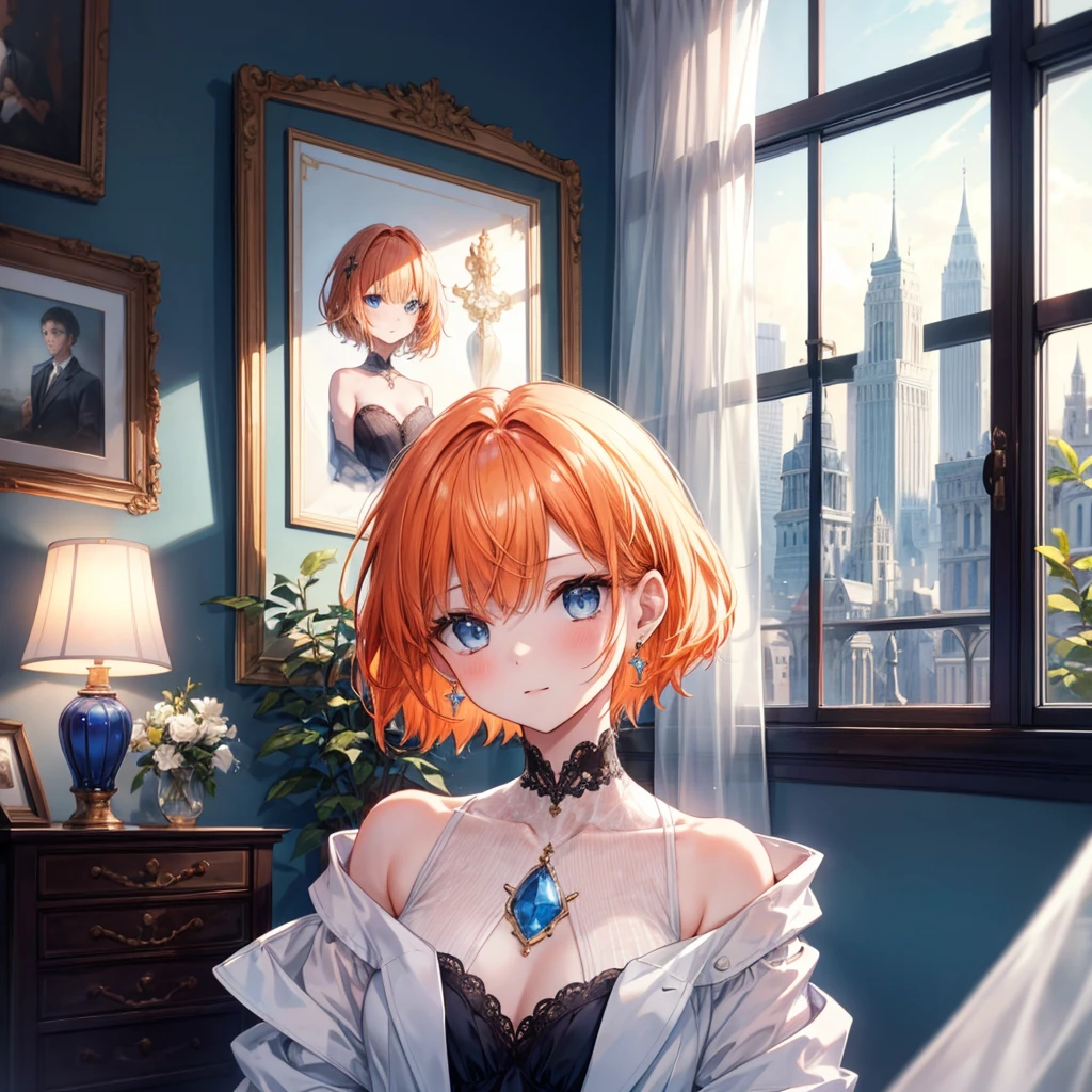 Highest quality, (masterpiece:1.2), figure, Absurd, (One girl, alone), (Beautiful detailed girl), ((Upper Body, Portraiture)),, Neck McMillan, short hair, Orange Hair, blue eyes, Medium chest, blue crystal earrings, White jacket, , nice, Calm, View your viewers,, Elegant bedroom interior, night, window, curtain, Starry Sky, lamp, Bookshelf, nightstand, vase, machine,