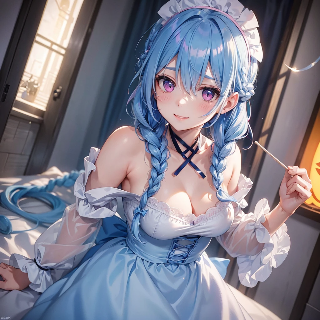 (Light blue medium hair),(Braided hair tied together)、Pink eyes、Fair skin、(whole body)、Halloween、Pumpkin ghost、Trick or Treat、Lollipop、Cosplay、nurse、A big smile、A dignified figure、solo、(masterpiece、Highest quality、Very detailed、Best Shadow)、(Detailed Background)、(Beautifully detailed face)、High contrast、(Best lighting、Very delicate and beautiful)、((Cinematic Light))、colorful、Hyper Detail、Dramatic Light、Exquisite detail、