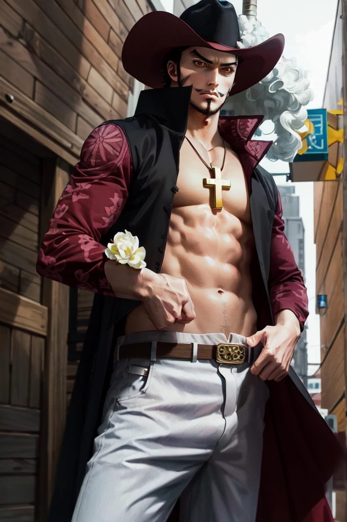 (masterpiece, best quality, ultra detailed, absurdres)1.5,  (ANIME_OP_dracule_mihawk_ownwaifu,www.ownwaifu.com,1boy,hat,facial hair,jewelry,beard,necklace,abs,black hair,yellow eyes,belt,mustache,coat,muscular,pants,pectorals,open clothes,cross,goatee,pirate hat,cross necklace,long sideburns,sideburns,cape,open coat,bare pectorals,short hair,black headwear,pendant,spiked hair,manly,toned,fur trim,stubble,latin cross,long coat,navel,jacket,open_jacket,topless male,hat_feather,white_pants,thick_eyebrows,), (standing in an alleyway, modern city in background), perfect lighting, smooth, hdr