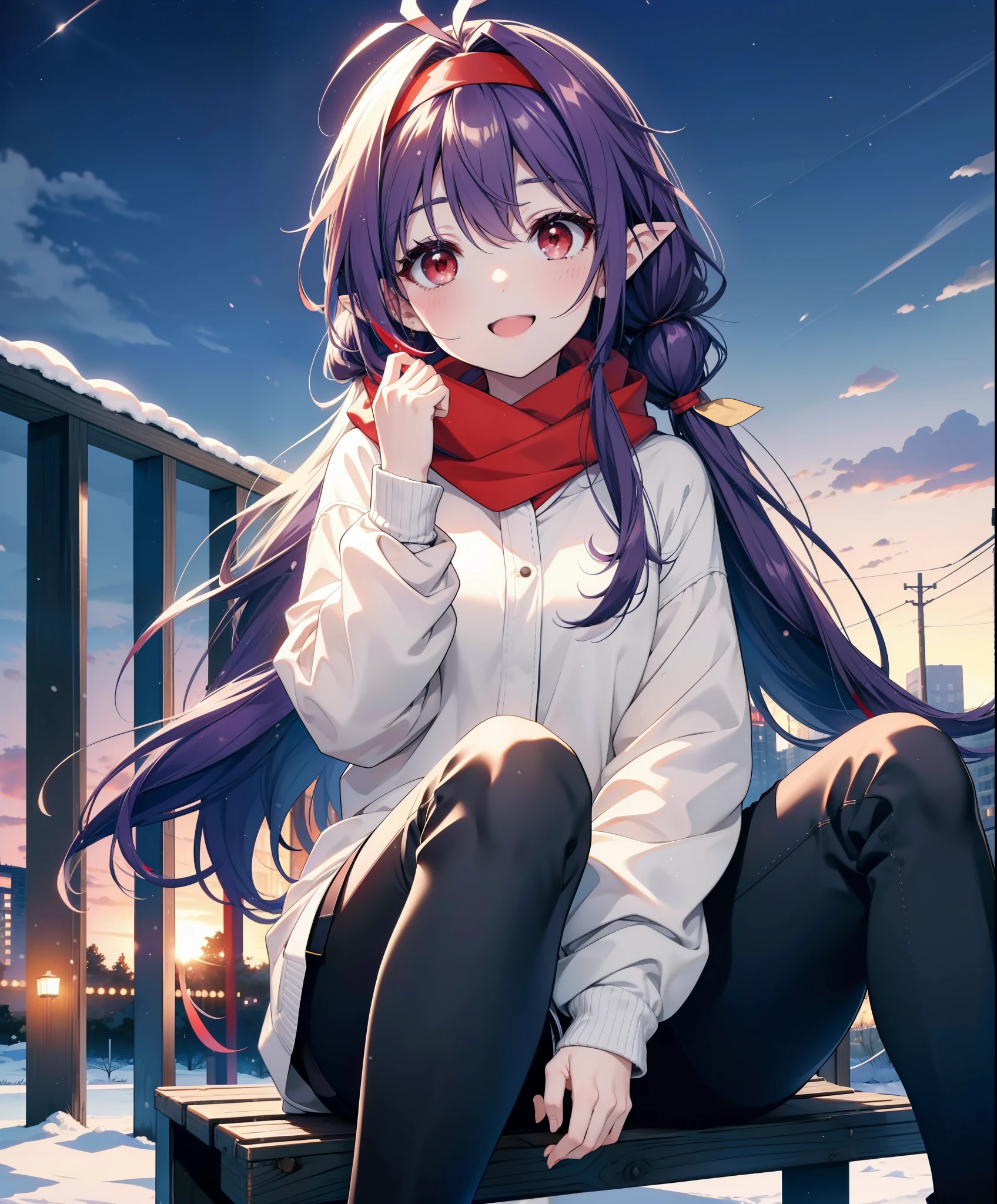 yuukikonno, Konno Yuuki, Long Hair, Pointed Ears, Purple Hair, (Red eyes:1.5), (Small breasts:1.2), Open your mouth,happy smile, smile, Open your mouth,hair band,low twin tail,Red Scarf,Oversized purple hoodie,Long skirt,Black pantyhose,short boots,Holding a paper cup of coffee in both hands,Sitting on a bench,snowが降っている,snowが降り積もっている,snow,snow,snow,snow,snowが積もった木,winter,Cold Sky,night,whole bodyがイラストに入るように,
break looking at viewer,  whole body,
break outdoors, garden,
break (masterpiece:1.2), Highest quality, High resolution, unity 8k wallpaper, (figure:0.8), (Beautiful attention to detail:1.6), Highly detailed face, Perfect lighting, Highly detailed CG, (Perfect hands, Perfect Anatomy),