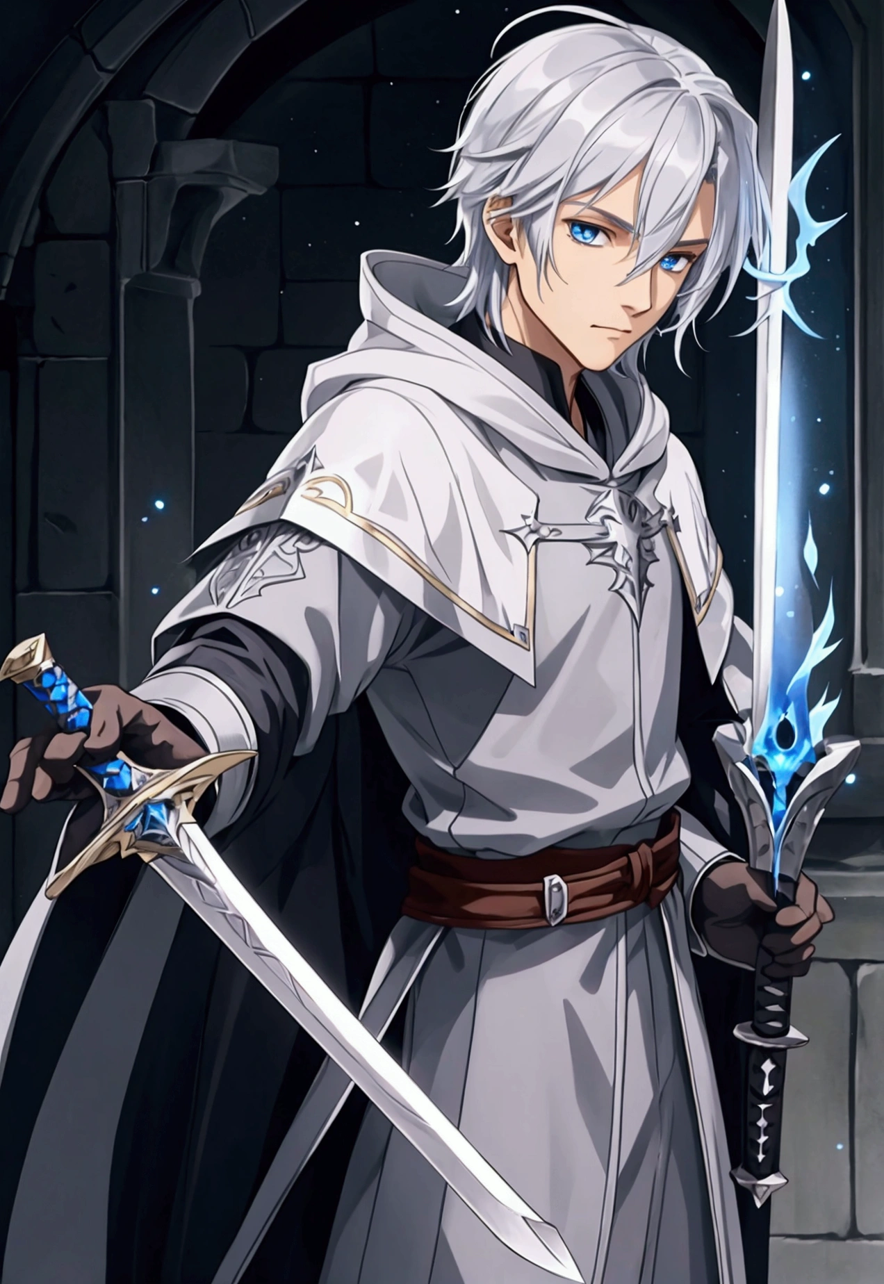 Wizard a young man, he has a silver hair and blue eyes, he wear a hood and wear gloves , hold sword with hand.
