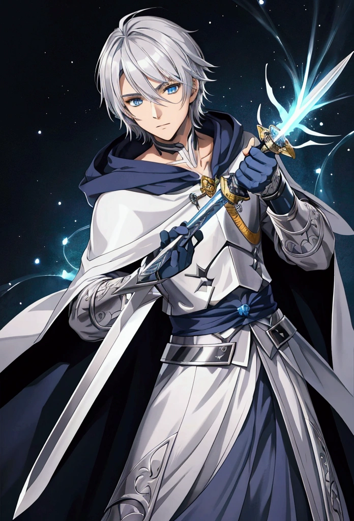 Wizard a young man, he has a silver hair and blue eyes, he wear a hood and wear gloves , hold sword with hand.
