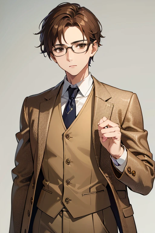 ((Highest quality)), ((masterpiece)), (detailed), One mature male、A photo showing your thighs to the top of your head、Standing facing the camera、Front facing、Brown Hair、Bob、Brown eyes、Glasses、Slim body、Brown jacket、White shirt、Brown knitted vest、Grey trousers、Expressionless、Looking into the distance、White background