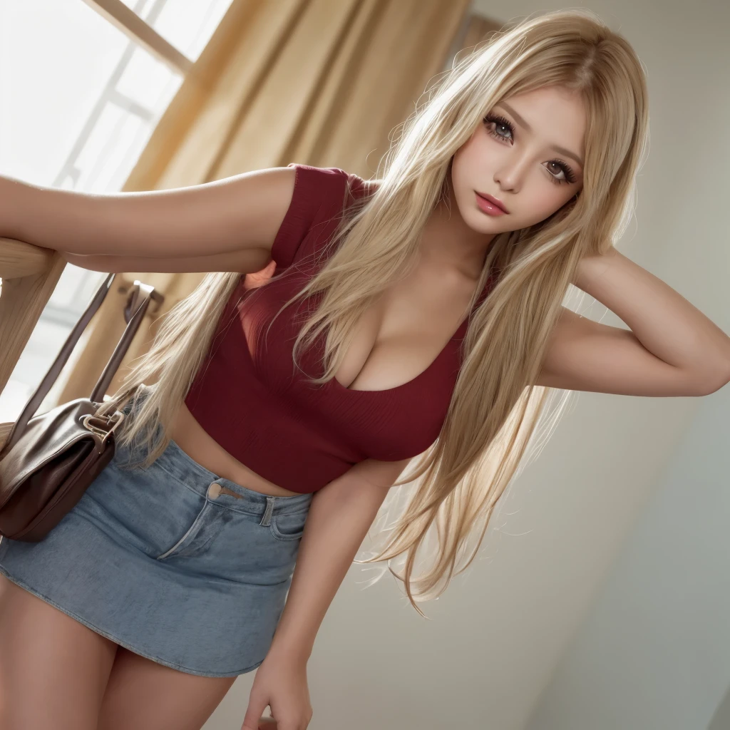 High resolution、Blonde、、girl、mini skirt、Light Hair Color、Sunburned hair、sexy、Blonde、high school girl、Thin legs、Beautiful eyelashes、High resolution、Zoom out、20-year-old、Knee、High viewing angle、highest quality、An illustration、Super fine、Fine、High resolution、Dende 8K Wallpaper、Detailed and beautiful eyes、Random and cute hairstyles、c cup breasts、Natural lip colour